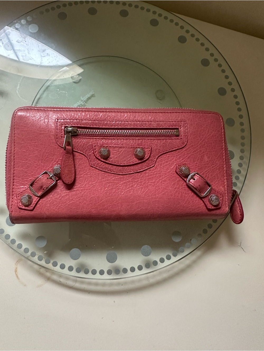Balenciaga Pink Zip-Around Leather Wallet with Stud Accents